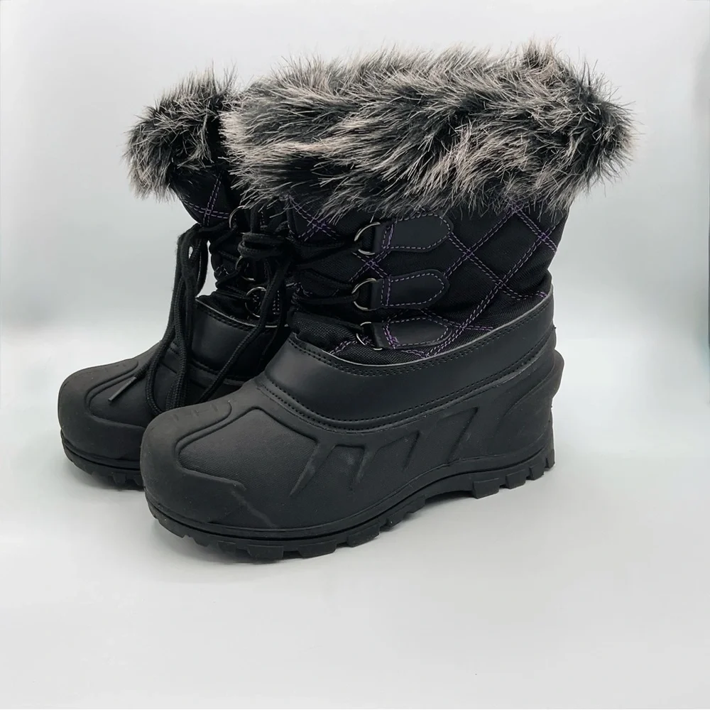 Itasca Snow Boots Size 4 Youth Big Girls Faux Fur Black Purple Stitching Winter
